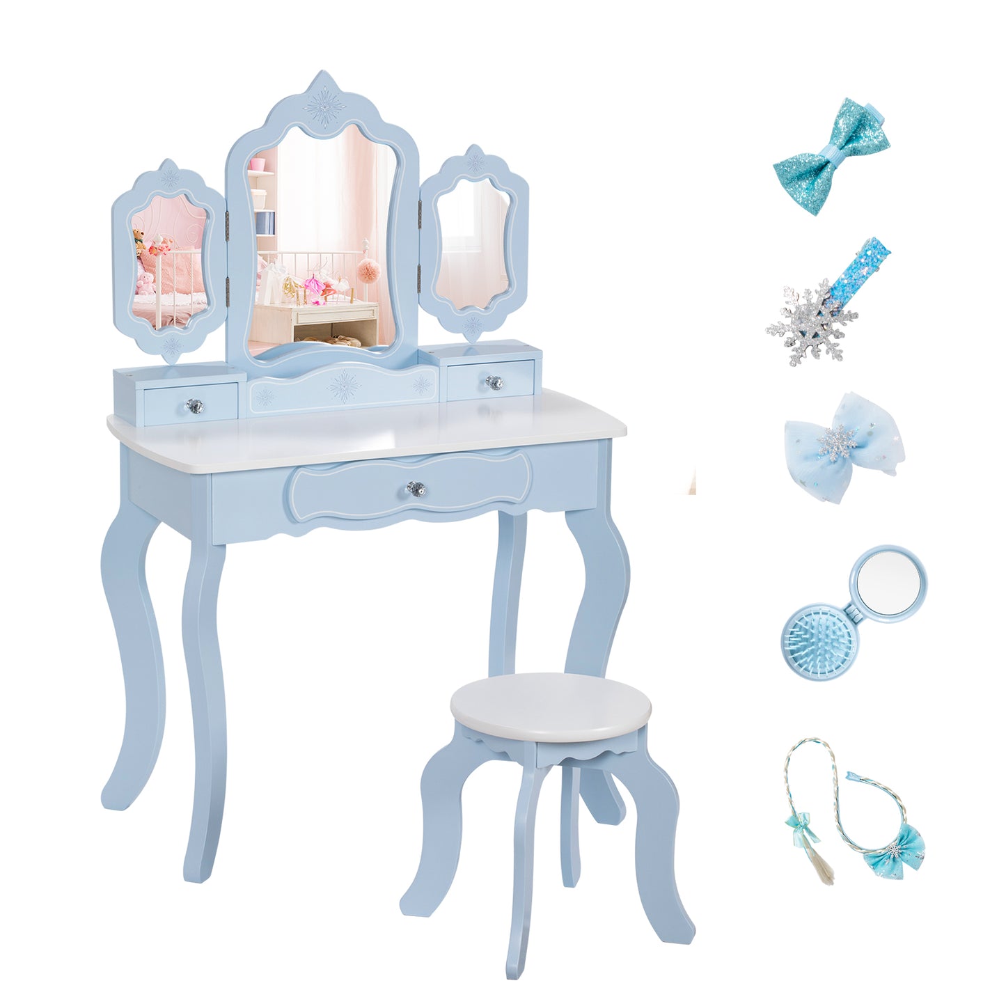 BRINJOY Kids Vanity Set with Mirror, Wooden Make Up Beauty Dressing Table with Lights & Stool & Jewelry Rack & Storage Board, Children Princess Vanity Table Pretend Playset for Girls