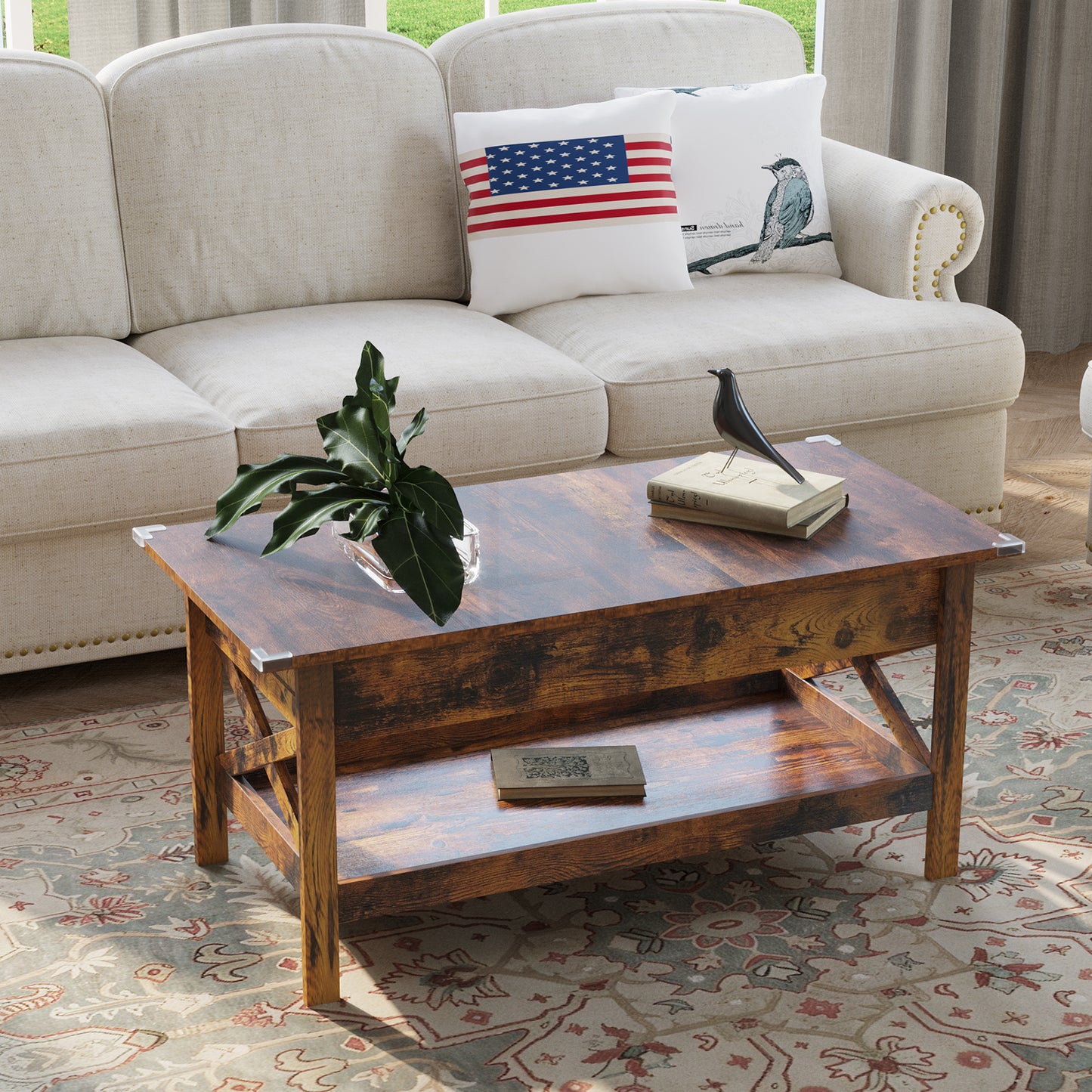 Nalone Lift Top Coffee Table with Shelf, Adjustable Height Tea Tables Wooden Dining CenterTables with Hidden Compartments for Small Living Room Apartments
