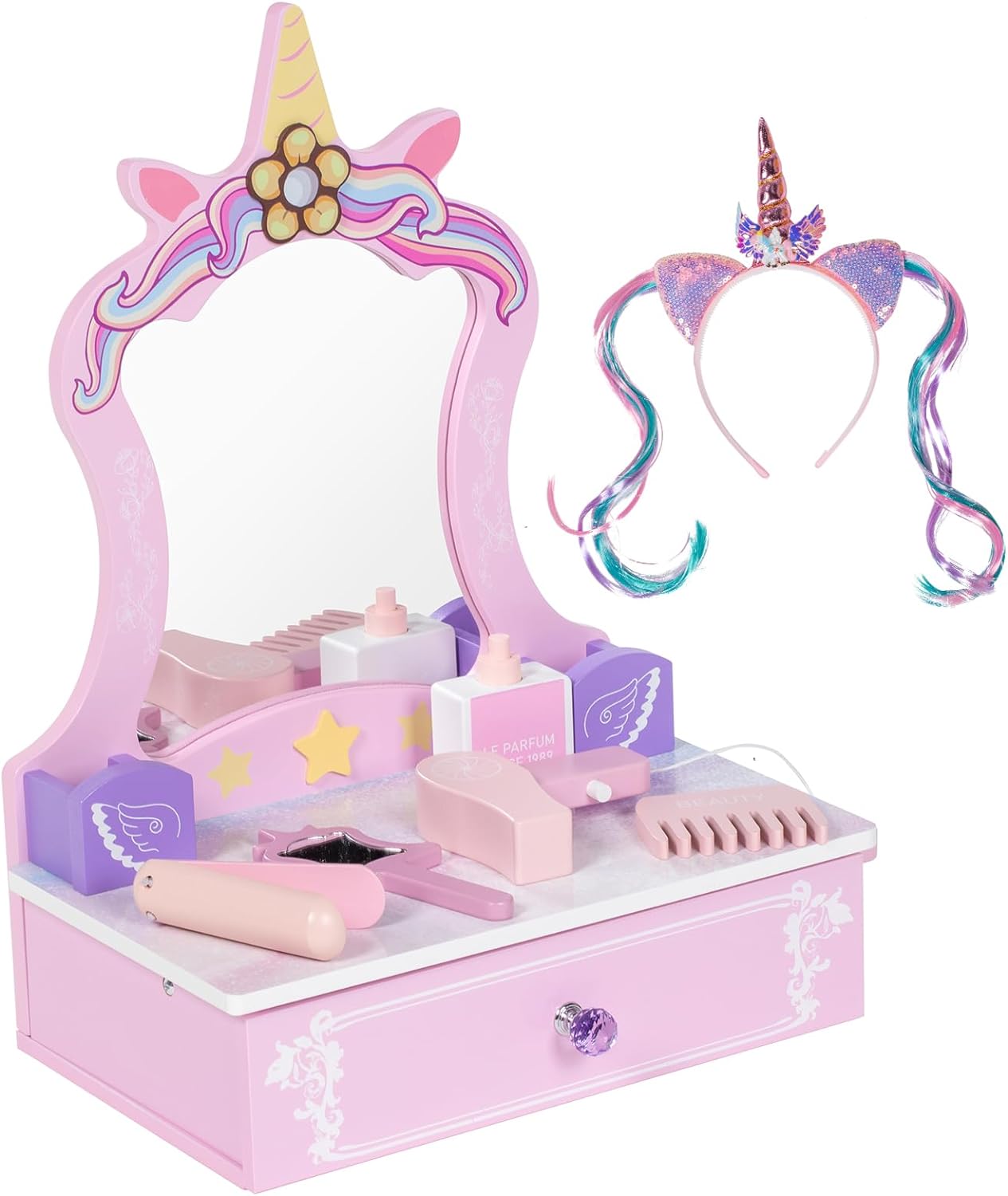 BRINJOY Wooden Vanity Set for Kids, Toddler Tabletop Beauty Salon Play Set w/Accessories & Drawer, Princess Makeup Pretend Play Vanity Table Toy with Mirror for Little Girls Age 3-8