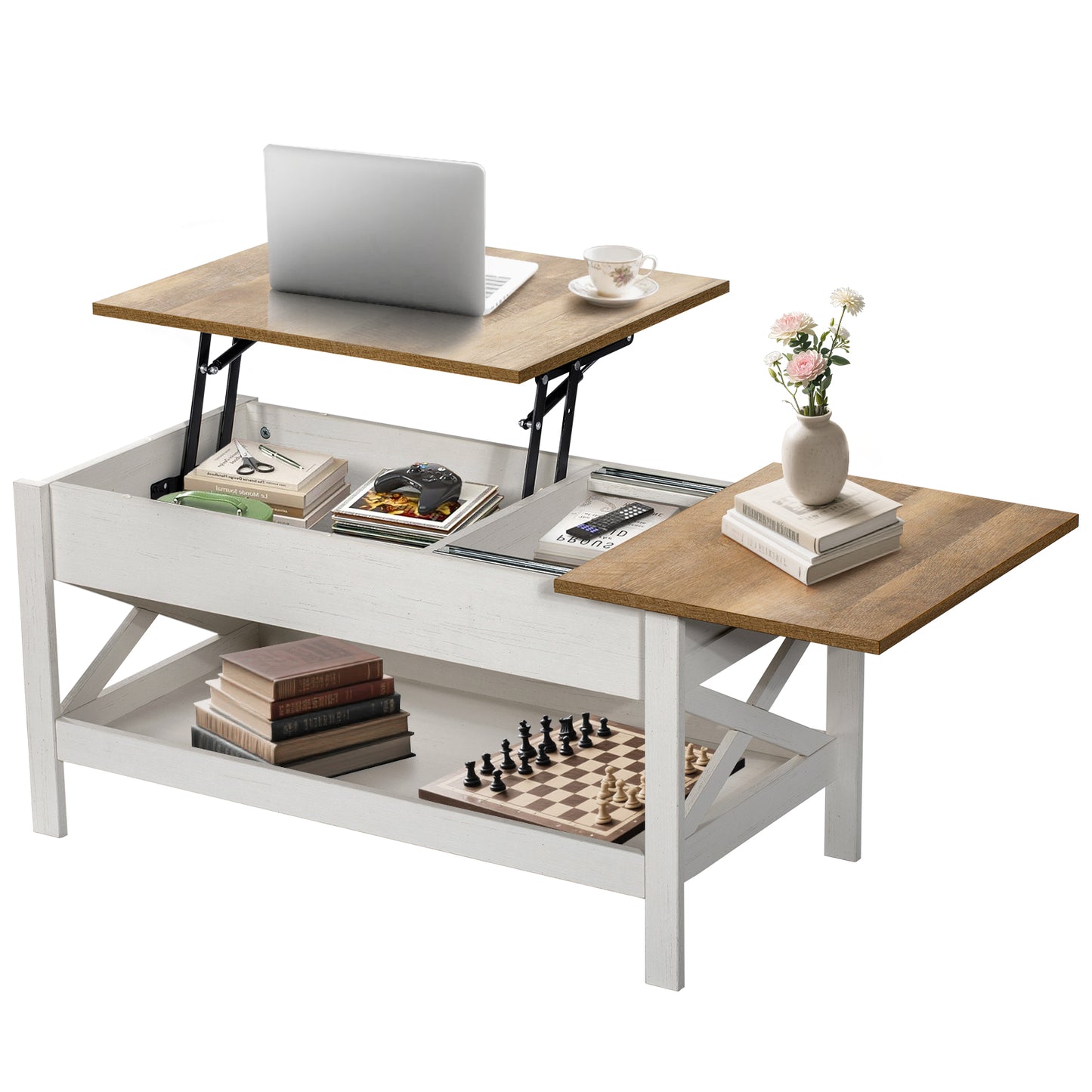 Nalone Lift Top Coffee Table with Shelf, Adjustable Height Tea Tables Wooden Dining CenterTables with Hidden Compartments for Small Living Room Apartments