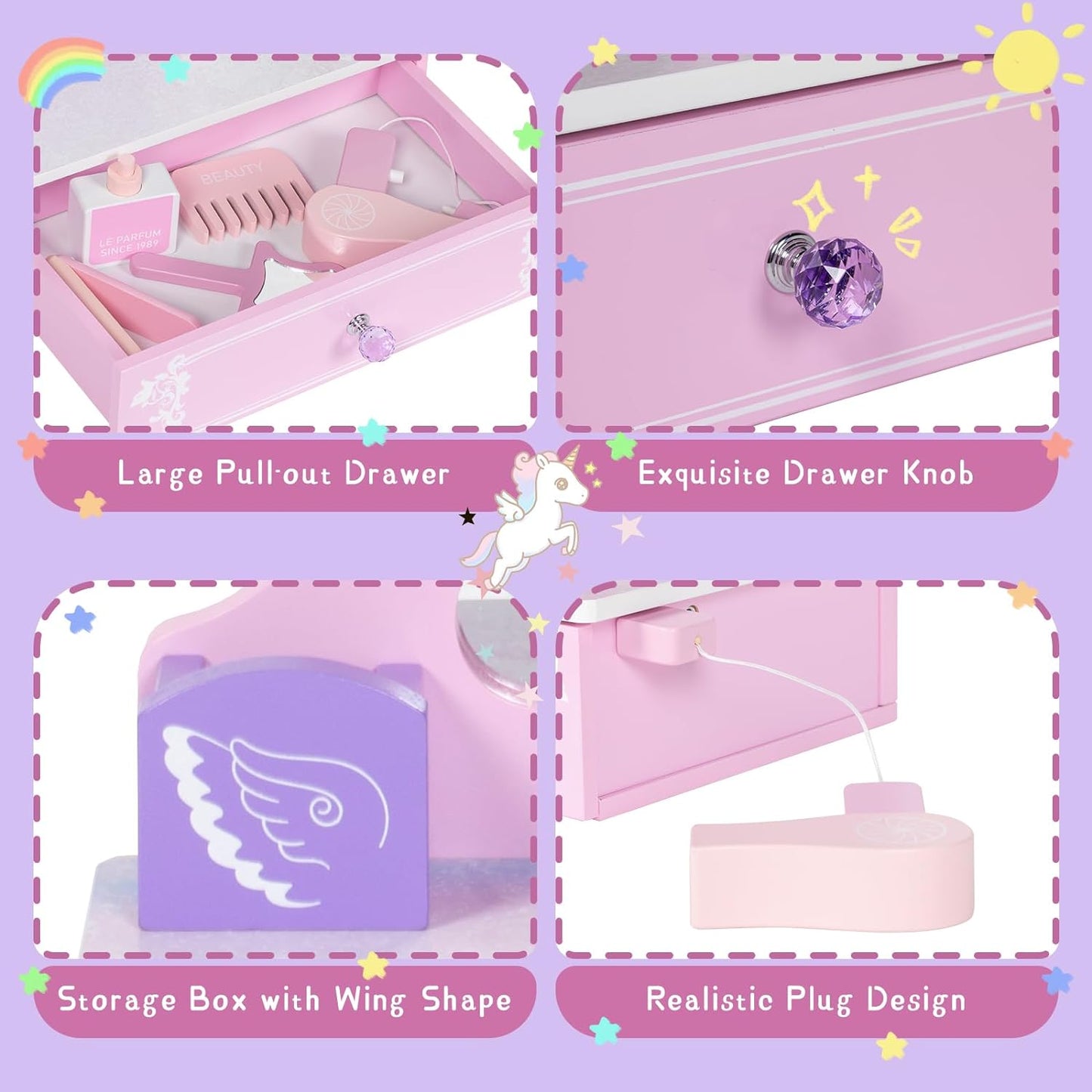 BRINJOY Wooden Vanity Set for Kids, Toddler Tabletop Beauty Salon Play Set w/Accessories & Drawer, Princess Makeup Pretend Play Vanity Table Toy with Mirror for Little Girls Age 3-8