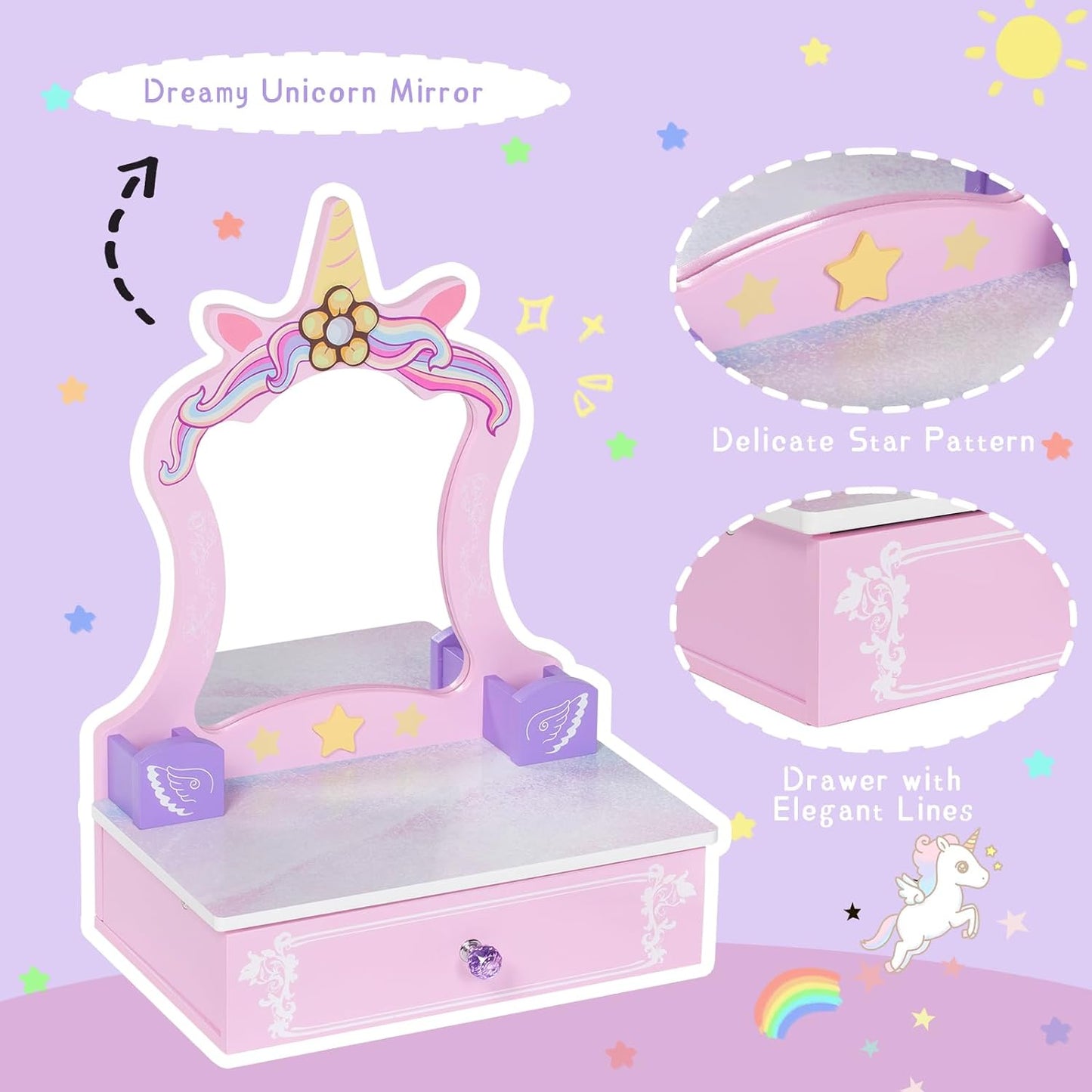 BRINJOY Wooden Vanity Set for Kids, Toddler Tabletop Beauty Salon Play Set w/Accessories & Drawer, Princess Makeup Pretend Play Vanity Table Toy with Mirror for Little Girls Age 3-8