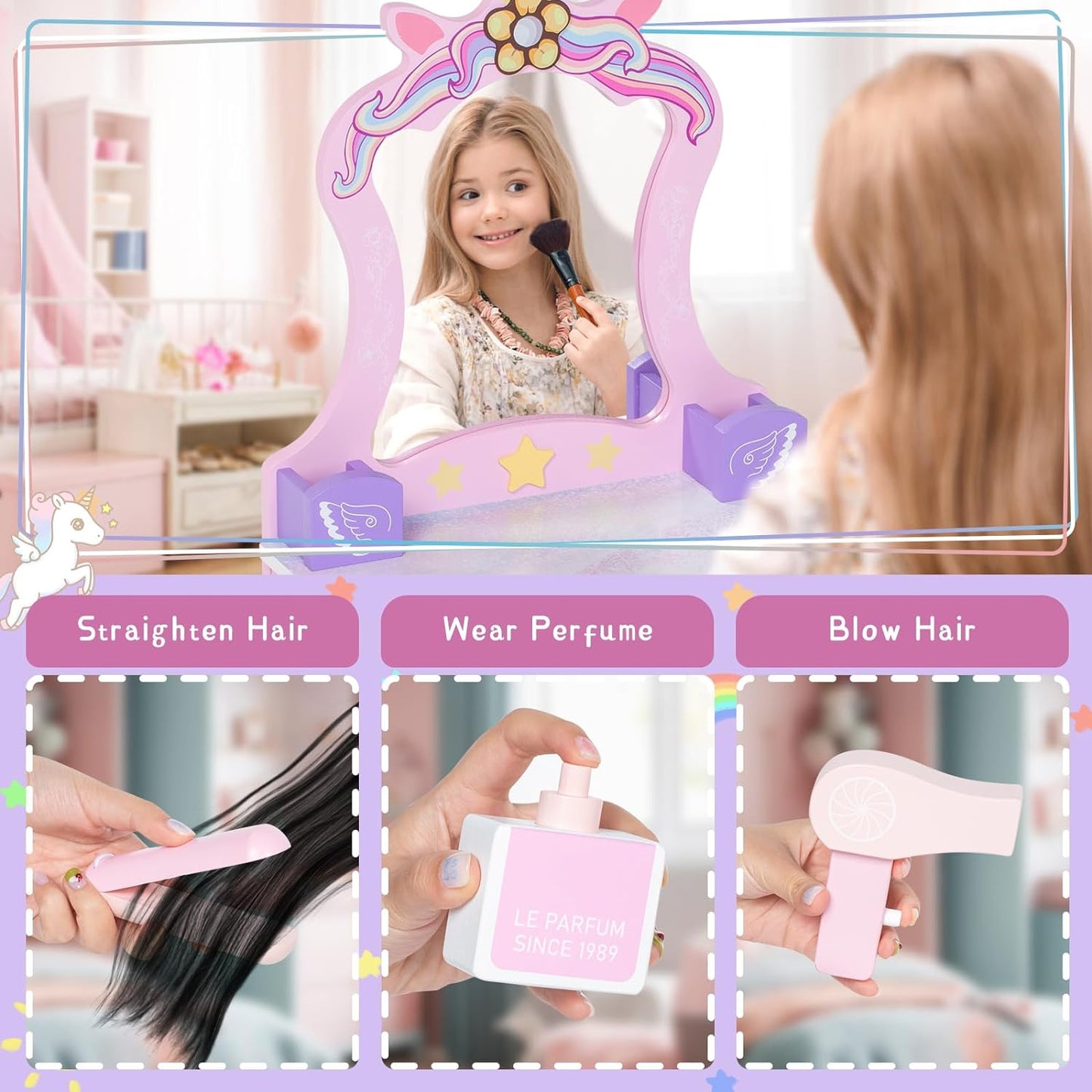 BRINJOY Wooden Vanity Set for Kids, Toddler Tabletop Beauty Salon Play Set w/Accessories & Drawer, Princess Makeup Pretend Play Vanity Table Toy with Mirror for Little Girls Age 3-8