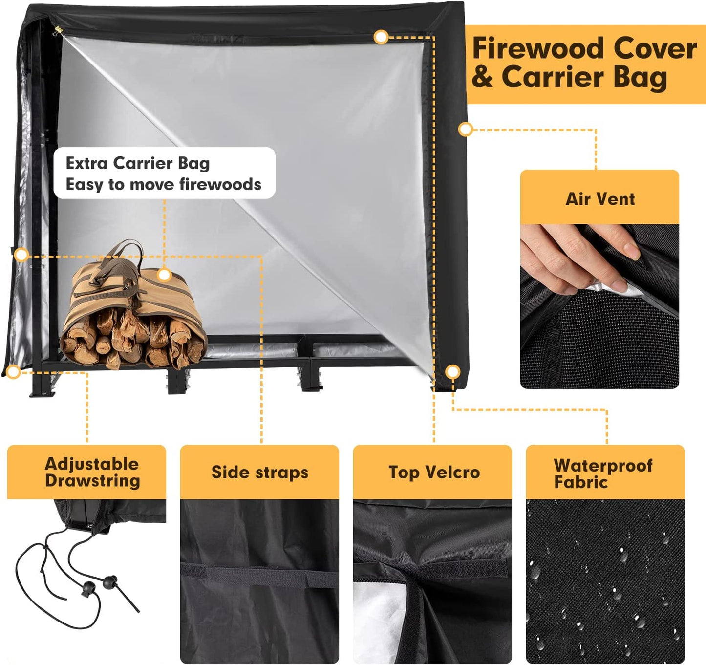 NALONE 8FT Outdoor Firewood Rack with Cover&Carry Bag Heavy Duty Square Strong Stand Rack with Waterproof Cover for Fireplace Fire Pits Wood Pile Storage Holder Lumber Rack