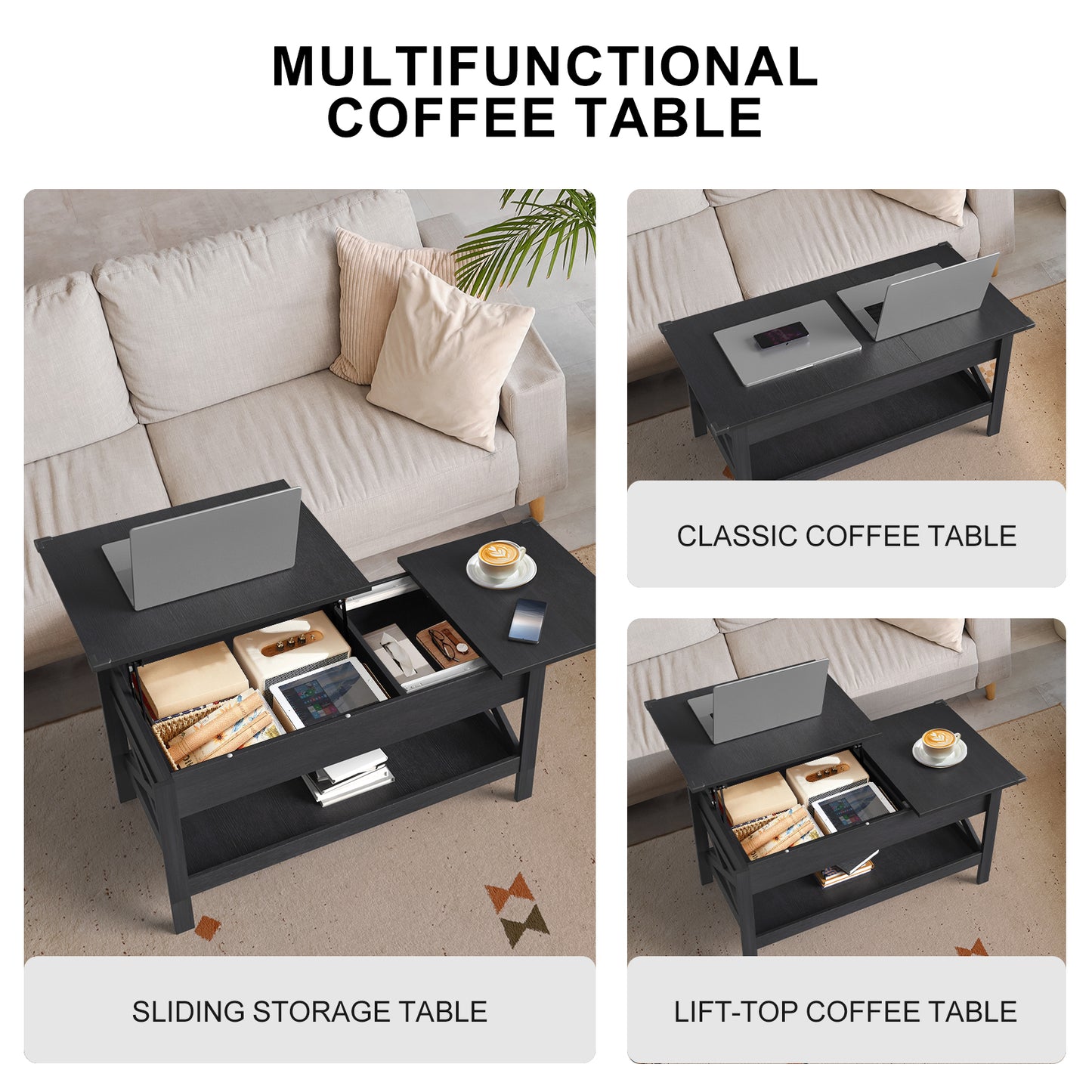 Nalone Lift Top Coffee Table with Shelf, Adjustable Height Tea Tables Wooden Dining CenterTables with Hidden Compartments for Small Living Room Apartments