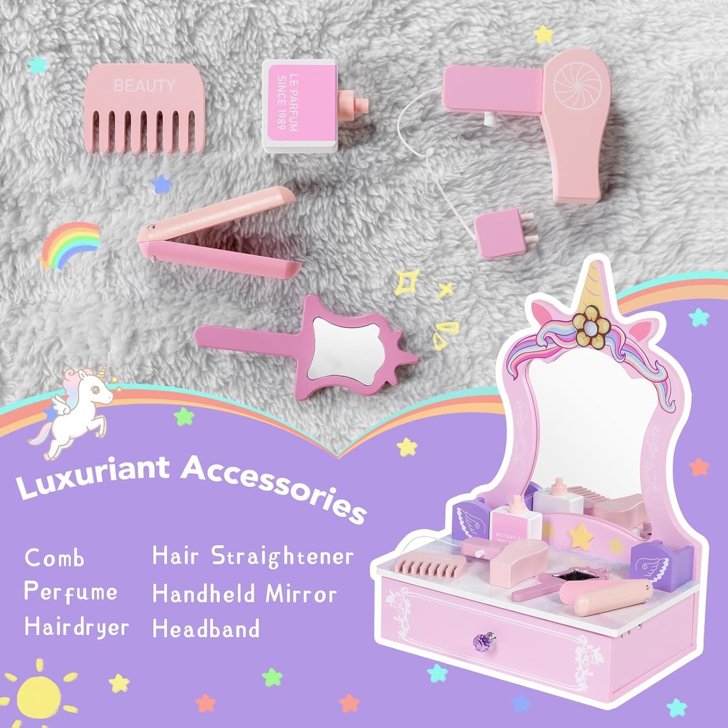 BRINJOY Wooden Vanity Set for Kids, Toddler Tabletop Beauty Salon Play Set w/Accessories & Drawer, Princess Makeup Pretend Play Vanity Table Toy with Mirror for Little Girls Age 3-8