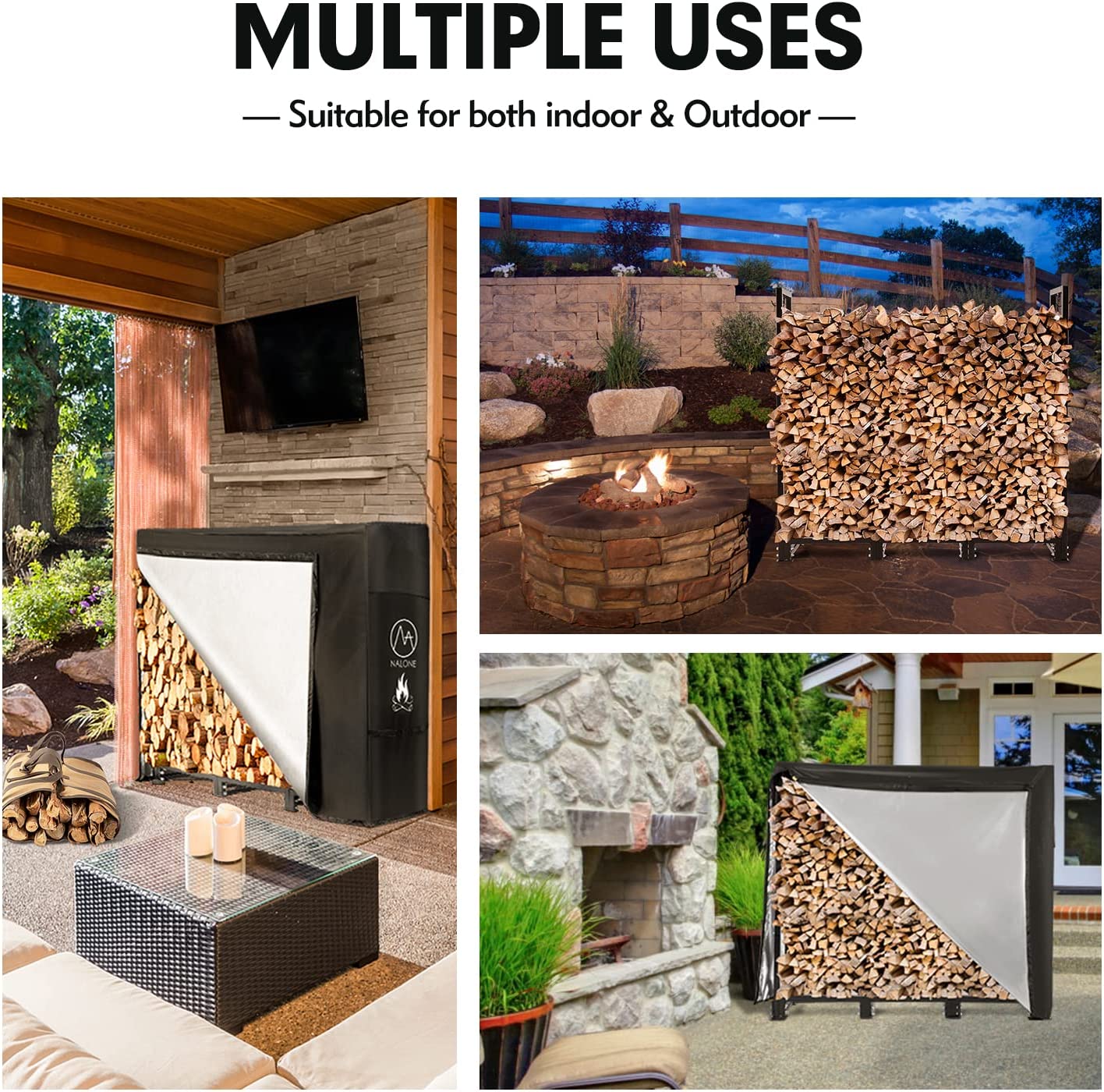 NALONE 4FT Outdoor Firewood Rack with Cover&Carry Bag Heavy Duty Square Strong Stand Rack with Waterproof Cover for Fireplace Fire Pits Wood Pile Storage Holder Lumber Rack