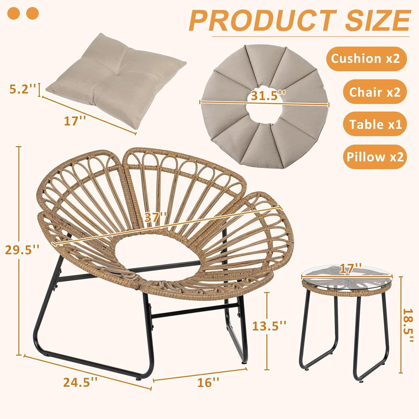 Nalone 3 Pcs Outdoor Patio Furniture Set, All-Weather Woven Rope Dinning Set Ideal for Garden, Deck, Backyard