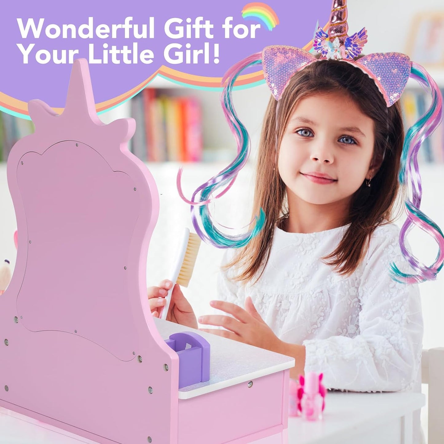 BRINJOY Wooden Vanity Set for Kids, Toddler Tabletop Beauty Salon Play Set w/Accessories & Drawer, Princess Makeup Pretend Play Vanity Table Toy with Mirror for Little Girls Age 3-8