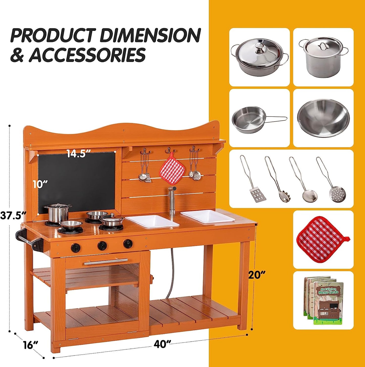 BRINJOY Kitchen Playset for Kids, Outdoor Wooden Mud Kitchen Set w/2 Removable Sinks & Spray Pipe, Backyard Garden Toddler Pretend Play Kitchen w/Blackboard, Kitchenware, Stove, Gift for Boys Girls