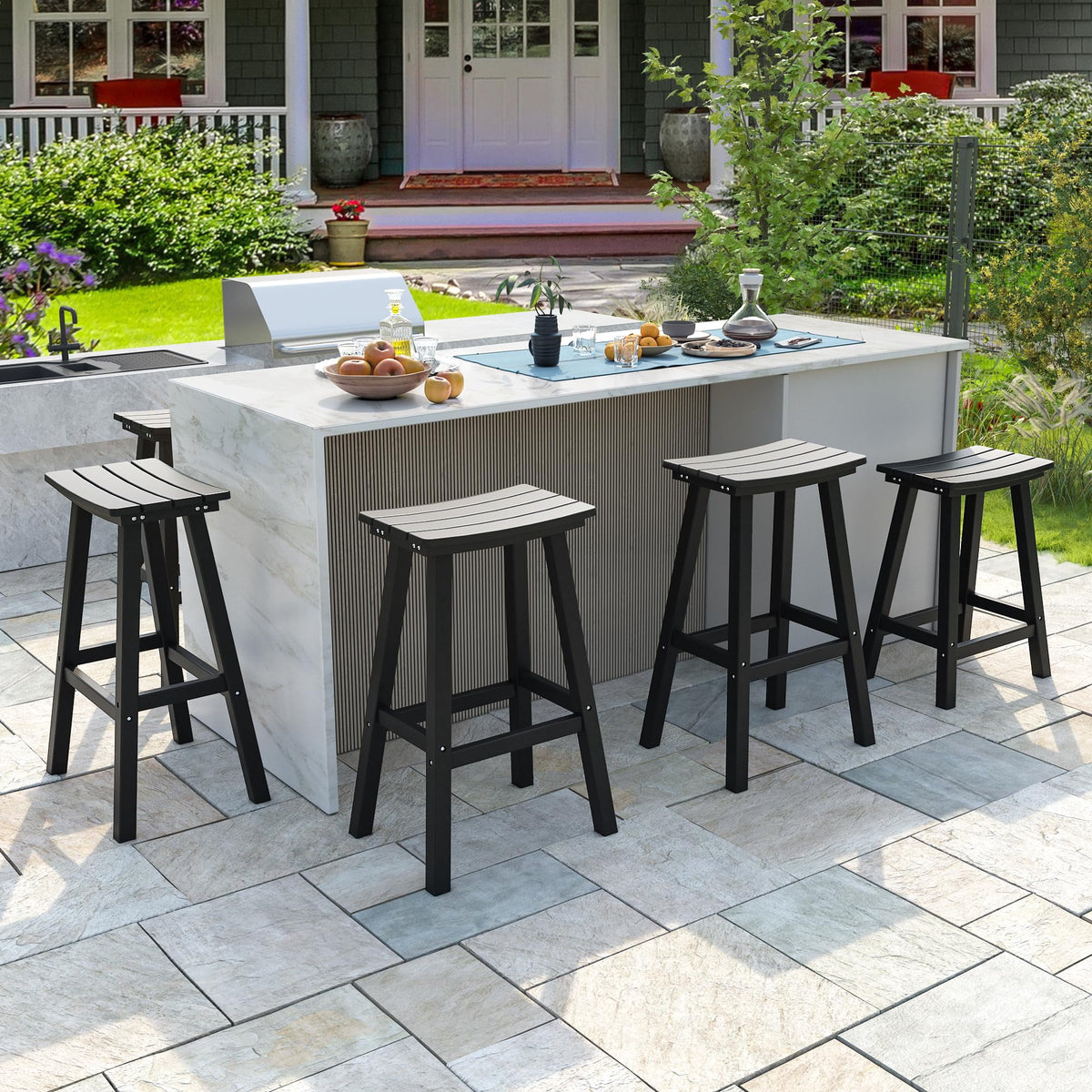 NALONE 29 Inch Outdoor Bar Stools Set of 2, HDPE Bar Chairs, Weather Resistant Barstools Outside Bar Height Stools for Bar, Kitchen Counter, Balcony (Black, 29'' Barstools Set of 2)