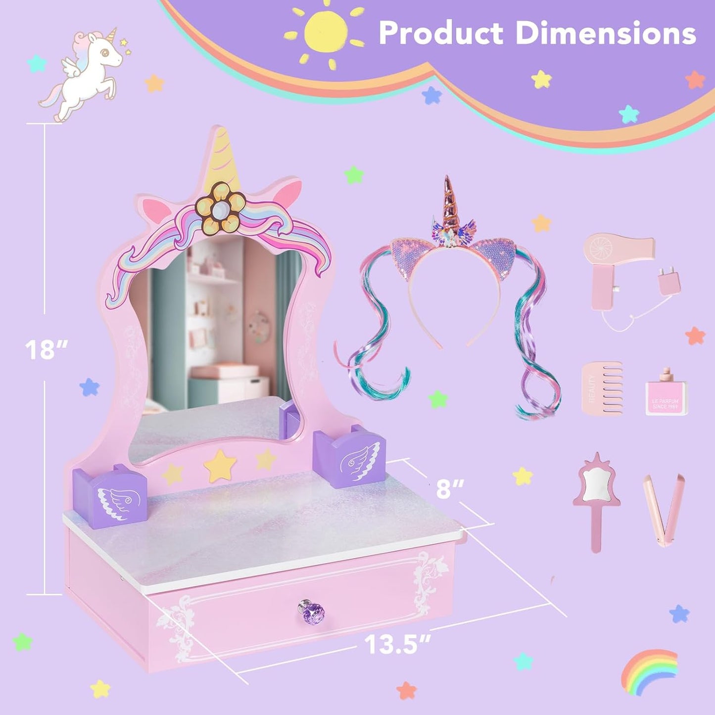 BRINJOY Wooden Vanity Set for Kids, Toddler Tabletop Beauty Salon Play Set w/Accessories & Drawer, Princess Makeup Pretend Play Vanity Table Toy with Mirror for Little Girls Age 3-8
