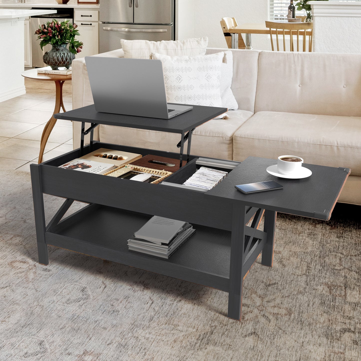 Nalone Lift Top Coffee Table with Shelf, Adjustable Height Tea Tables Wooden Dining CenterTables with Hidden Compartments for Small Living Room Apartments