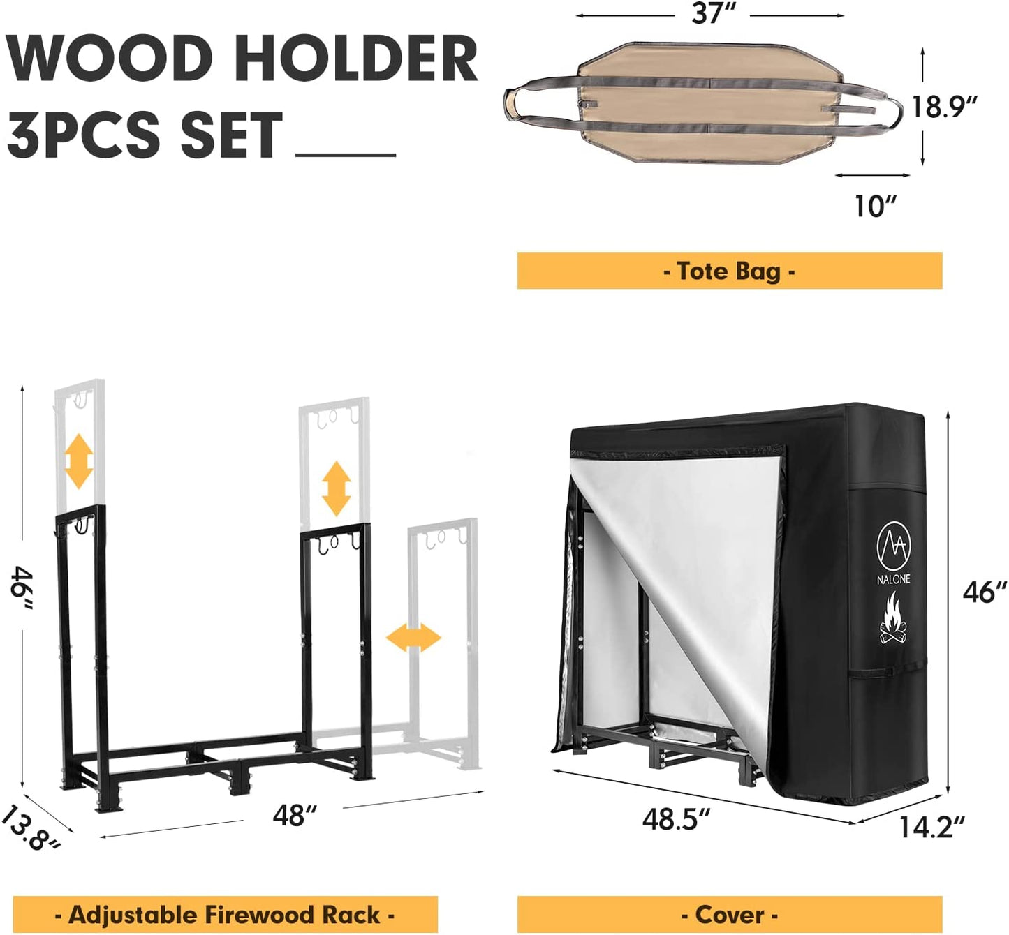 NALONE 4FT Outdoor Firewood Rack with Cover&Carry Bag Heavy Duty Square Strong Stand Rack with Waterproof Cover for Fireplace Fire Pits Wood Pile Storage Holder Lumber Rack