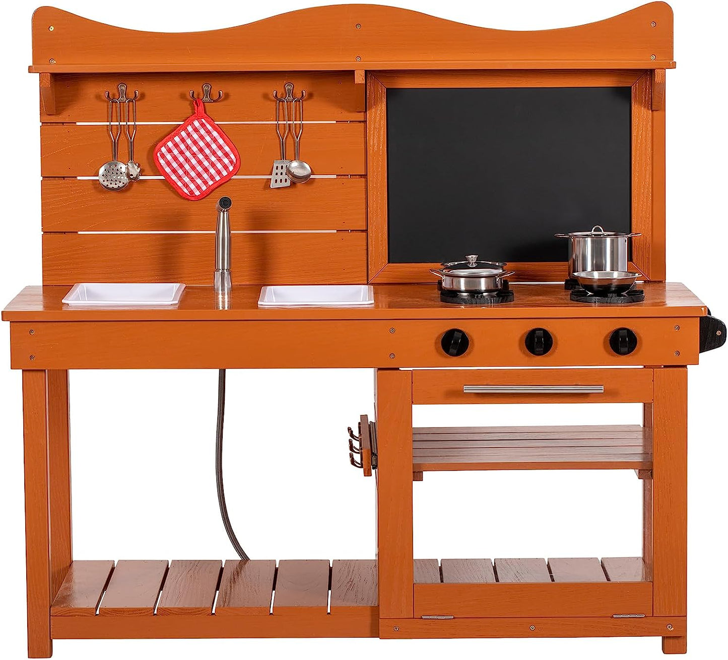 BRINJOY Kitchen Playset for Kids, Outdoor Wooden Mud Kitchen Set w/2 Removable Sinks & Spray Pipe, Backyard Garden Toddler Pretend Play Kitchen w/Blackboard, Kitchenware, Stove, Gift for Boys Girls