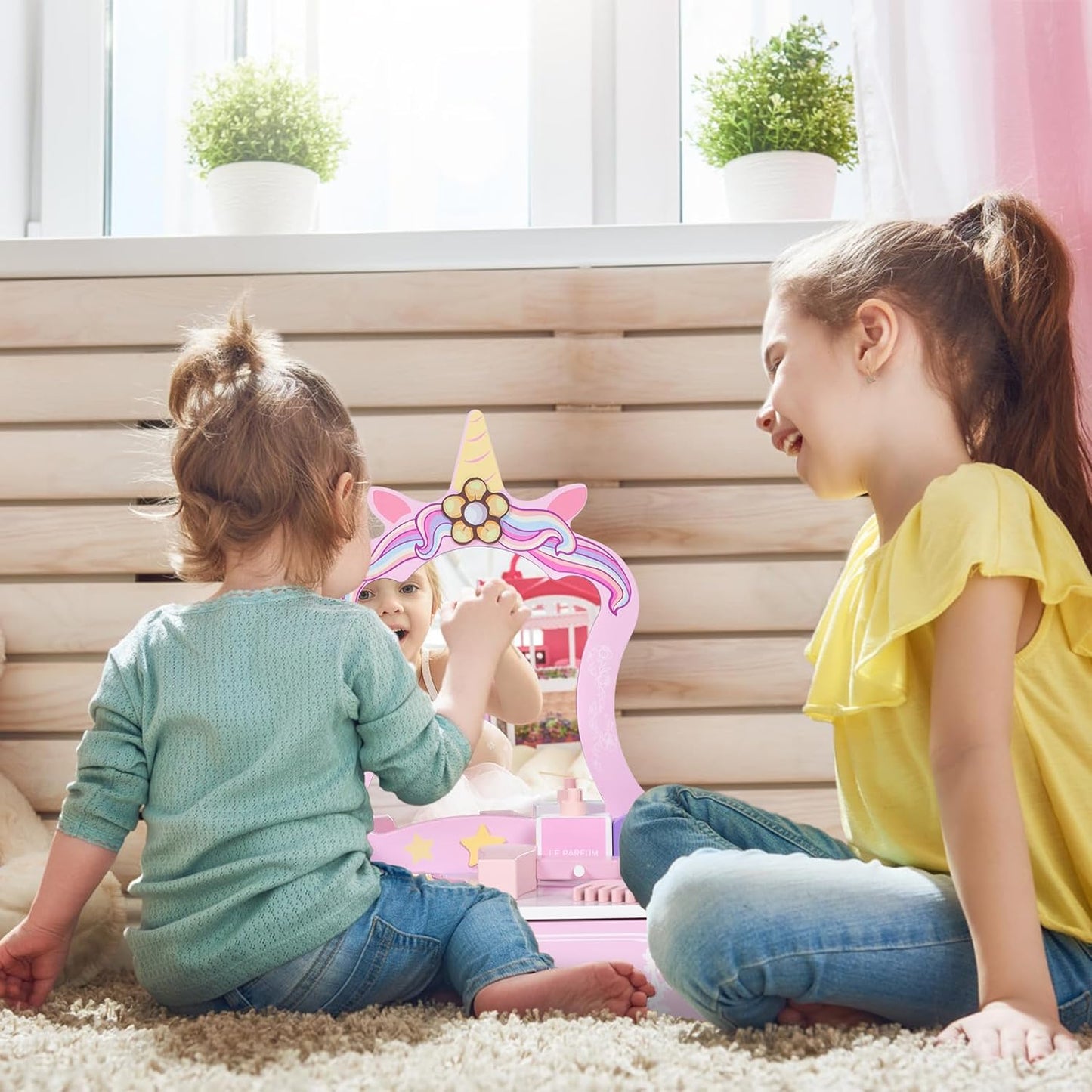 BRINJOY Wooden Vanity Set for Kids, Toddler Tabletop Beauty Salon Play Set w/Accessories & Drawer, Princess Makeup Pretend Play Vanity Table Toy with Mirror for Little Girls Age 3-8