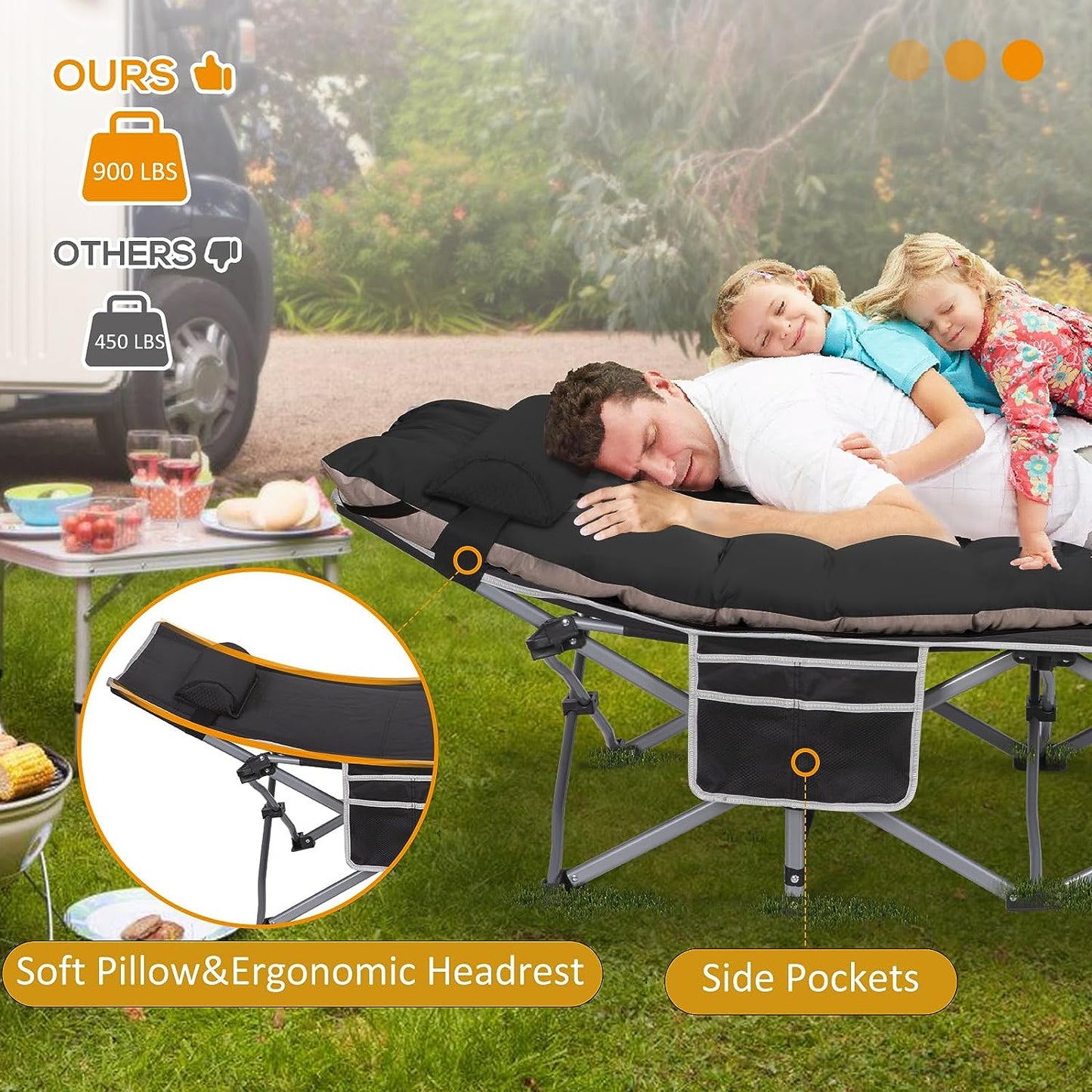 Nalone Camping Cots for Adults with 3.5 Inch Extra Thick Mattress, Cots for Sleeping 900 LBS, Folding Cot with Mattress, Heavy Duty Sleeping Cots Camping Bed for Home Office Outdoor Black