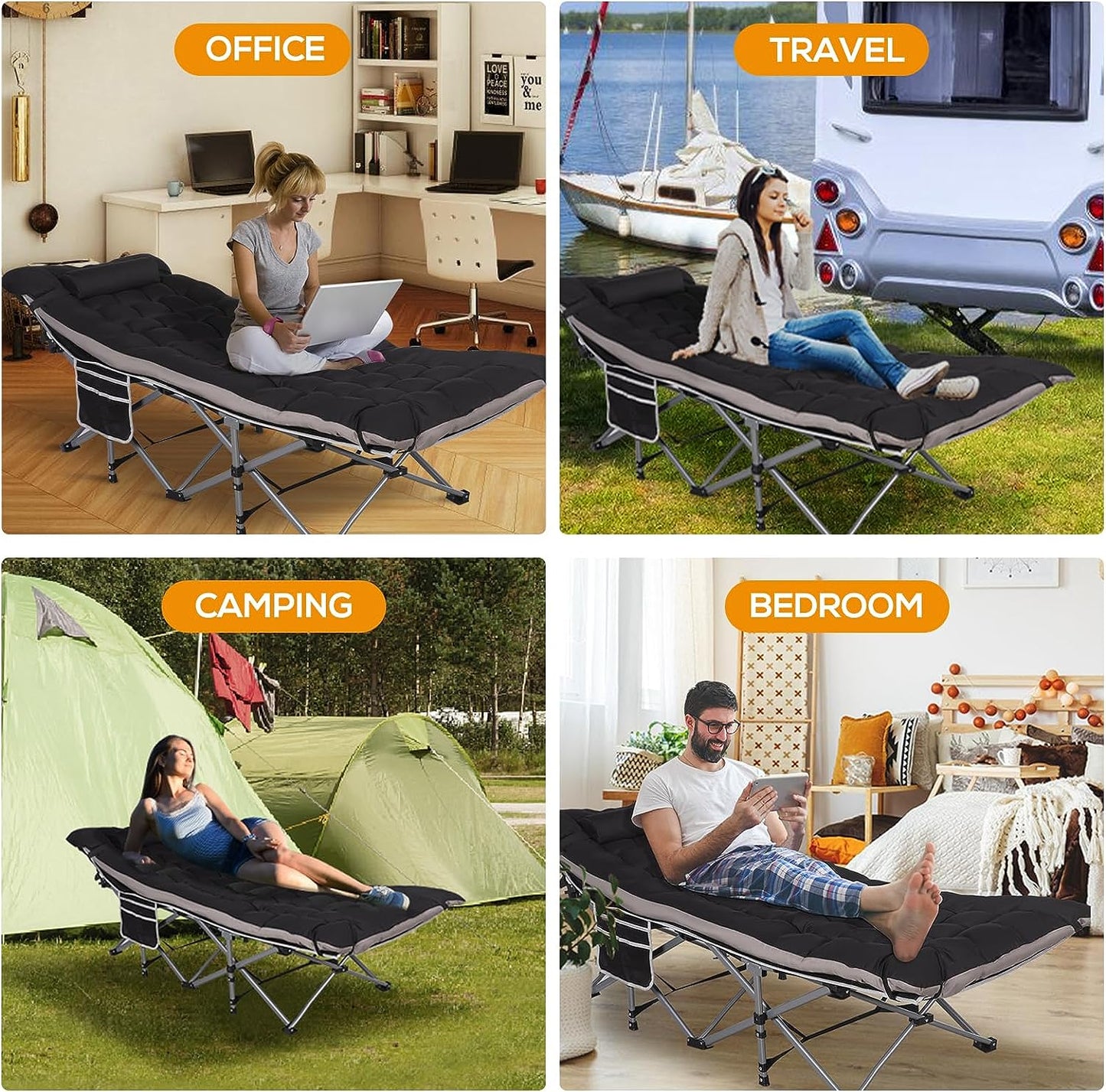 Nalone Camping Cots for Adults with 3.5 Inch Extra Thick Mattress, Cots for Sleeping 900 LBS, Folding Cot with Mattress, Heavy Duty Sleeping Cots Camping Bed for Home Office Outdoor Black