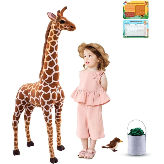 BRINJOY Giant Giraffe Stuffed Animal Set, 47 Inch Large vivid Plush Giraffe Toy with Bird&Basket&Leaves&Card, Standing Giraffe for kids
