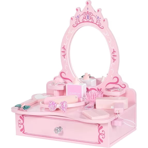 BRINJOY Wooden Vanity Set for Kids, Toddler Tabletop Beauty Salon Play Set w/Accessories & Drawer, Princess Makeup Pretend Play Vanity Table Toy with Crown Shaped Mirror for Little Girls Age 3-8
