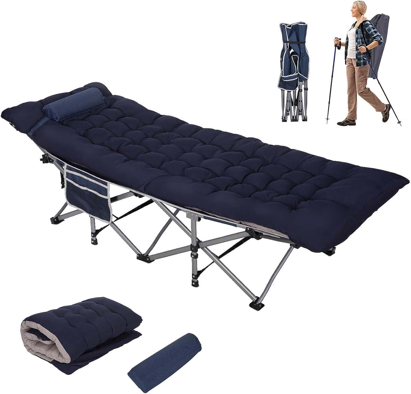 Nalone Camping Cots Gray for Adults with 3.5 Inch Extra Thick Mattress, Cots for Sleeping 900 LBS, Folding Cot with Mattress, Heavy Duty Sleeping Cots Camping Bed for Home Office Outdoor
