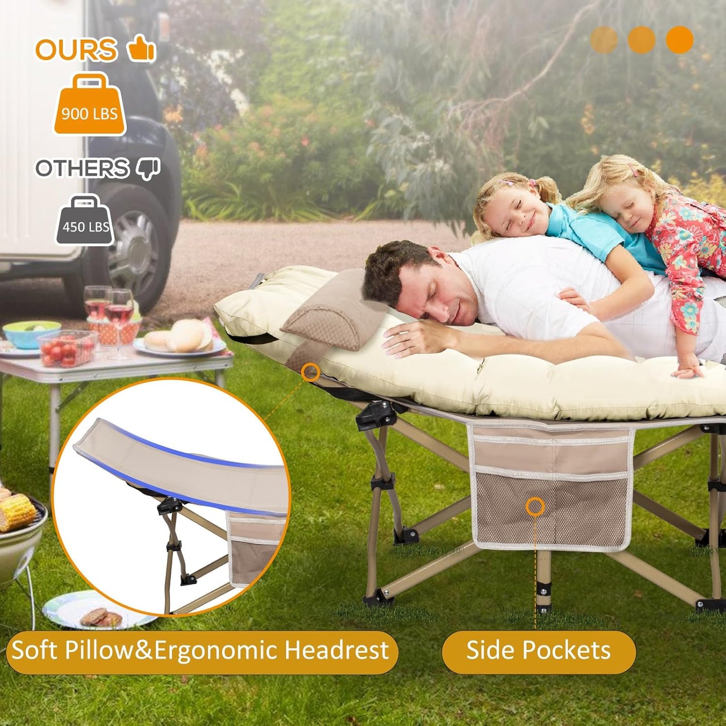 Nalone Camping Cots for Adults with 3.5 Inch Extra Thick Mattress, Cots for Sleeping 900 LBS, Folding Cot with Mattress, Heavy Duty Sleeping Cots Camping Bed for Home Office Outdoor Cream