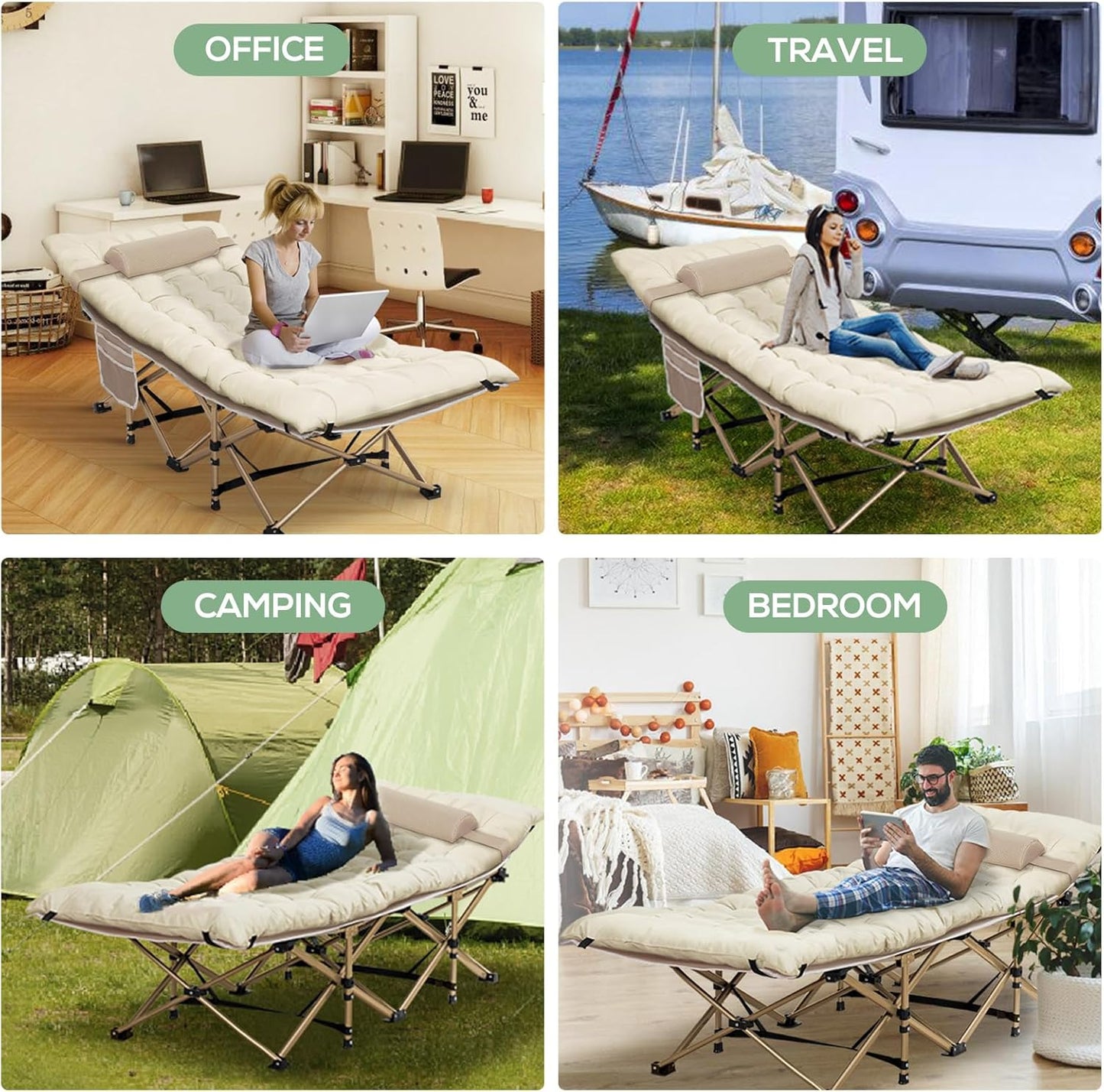 Nalone Camping Cots for Adults with 3.5 Inch Extra Thick Mattress, Cots for Sleeping 900 LBS, Folding Cot with Mattress, Heavy Duty Sleeping Cots Camping Bed for Home Office Outdoor Cream