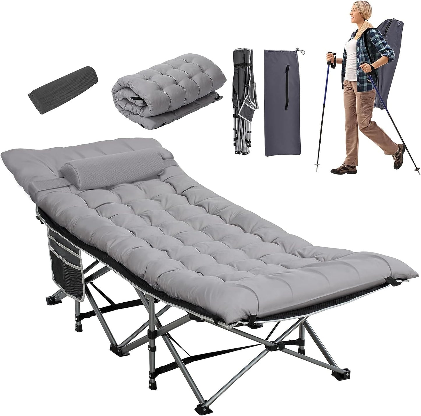 Nalone Camping Cots Gray for Adults with 3.5 Inch Extra Thick Mattress, Cots for Sleeping 900 LBS, Folding Cot with Mattress, Heavy Duty Sleeping Cots Camping Bed for Home Office Outdoor