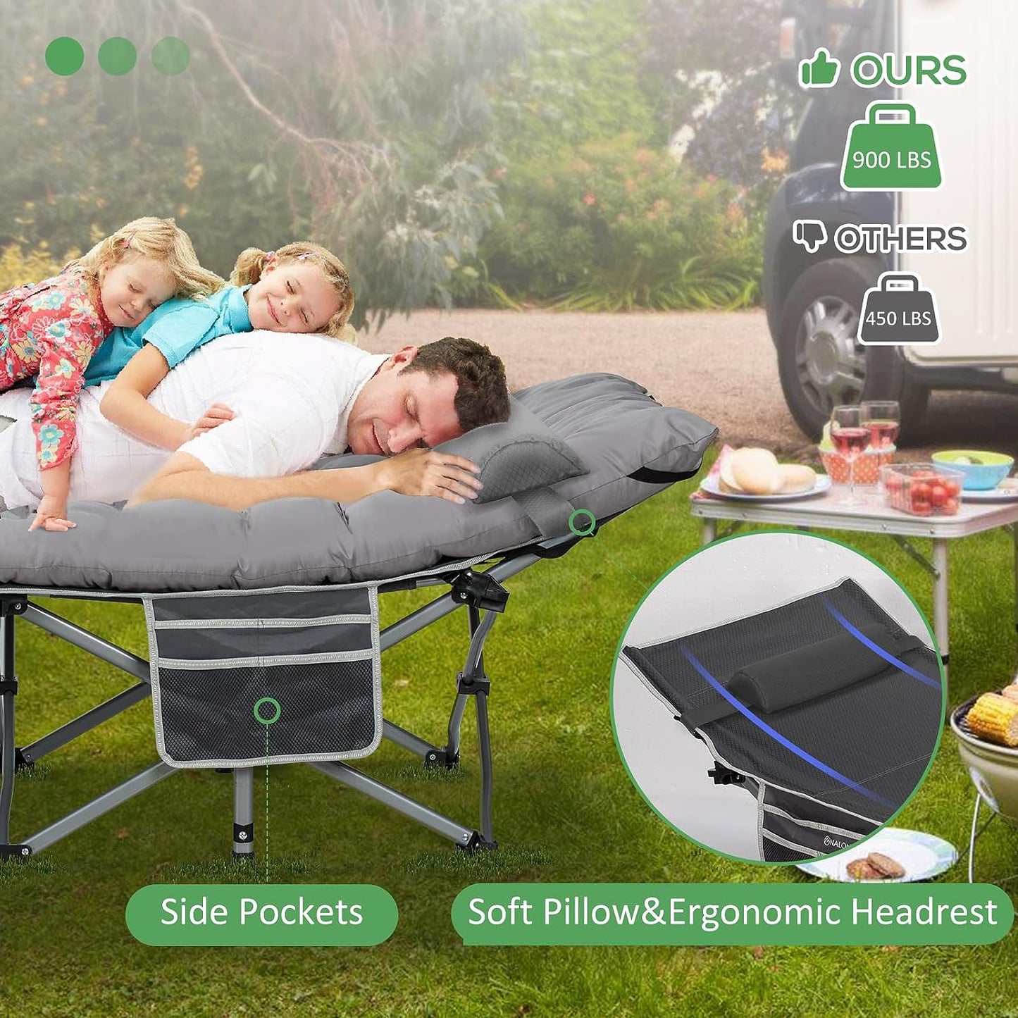 Nalone Camping Cots Gray for Adults with 3.5 Inch Extra Thick Mattress, Cots for Sleeping 900 LBS, Folding Cot with Mattress, Heavy Duty Sleeping Cots Camping Bed for Home Office Outdoor
