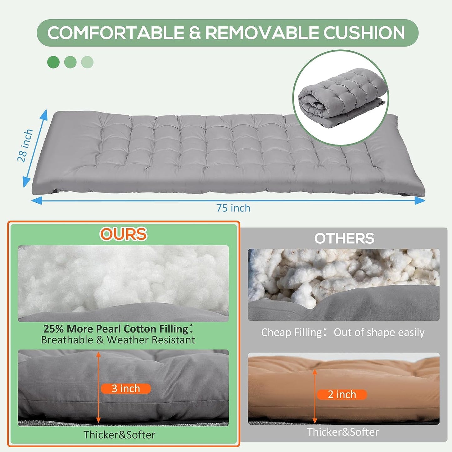 Nalone Camping Cots Gray for Adults with 3.5 Inch Extra Thick Mattress, Cots for Sleeping 900 LBS, Folding Cot with Mattress, Heavy Duty Sleeping Cots Camping Bed for Home Office Outdoor