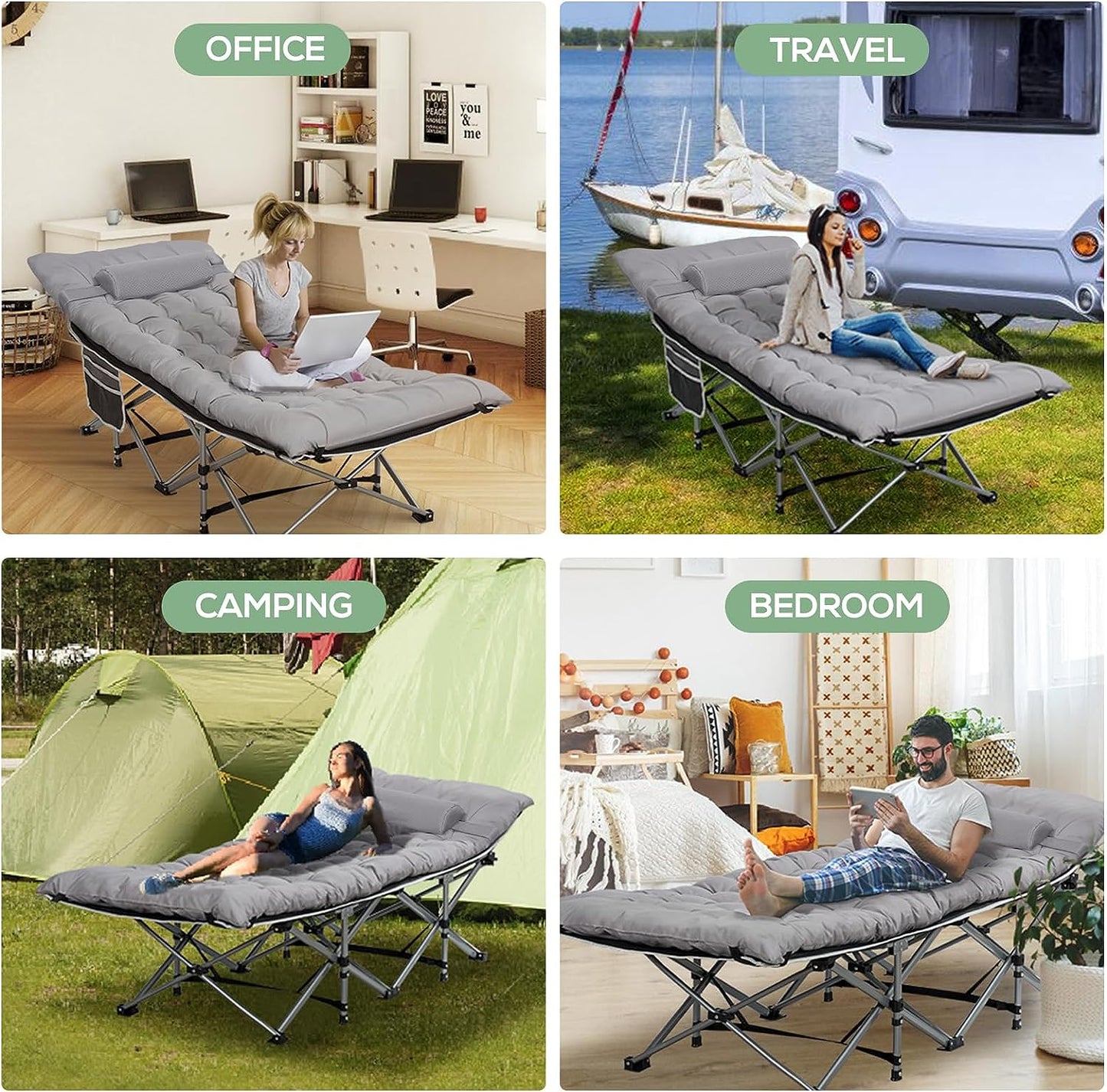 Nalone Camping Cots Gray for Adults with 3.5 Inch Extra Thick Mattress, Cots for Sleeping 900 LBS, Folding Cot with Mattress, Heavy Duty Sleeping Cots Camping Bed for Home Office Outdoor