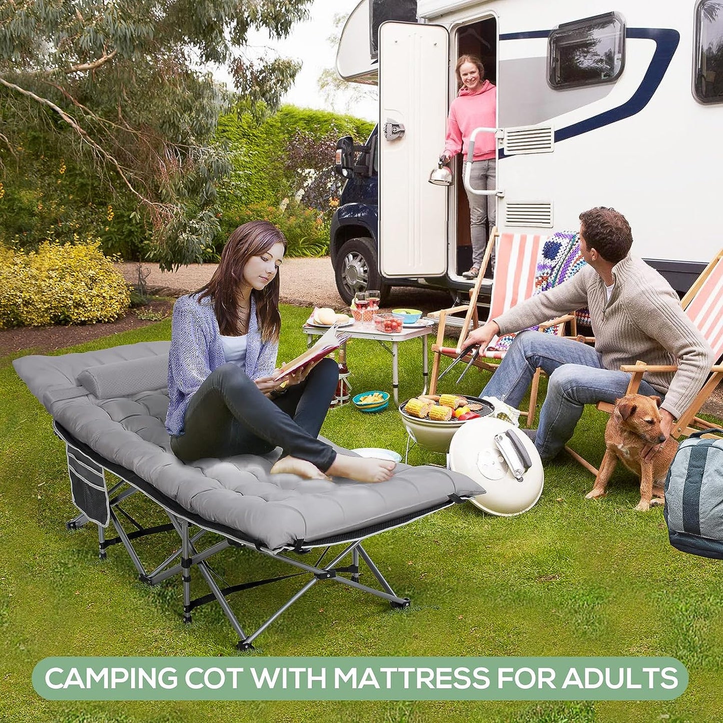 Nalone Camping Cots Gray for Adults with 3.5 Inch Extra Thick Mattress, Cots for Sleeping 900 LBS, Folding Cot with Mattress, Heavy Duty Sleeping Cots Camping Bed for Home Office Outdoor