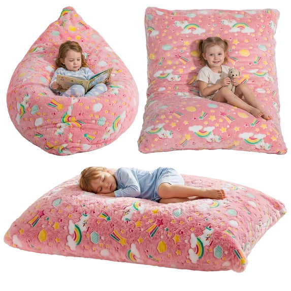 Nalone Bean Bag Chair Lazy Chair for Kids Glow in The Dark Kids Bean Bag Chair, 2-in-1 Convertible Beanbag Bed with Filler Gift for Toddler Age 3-8 Pink