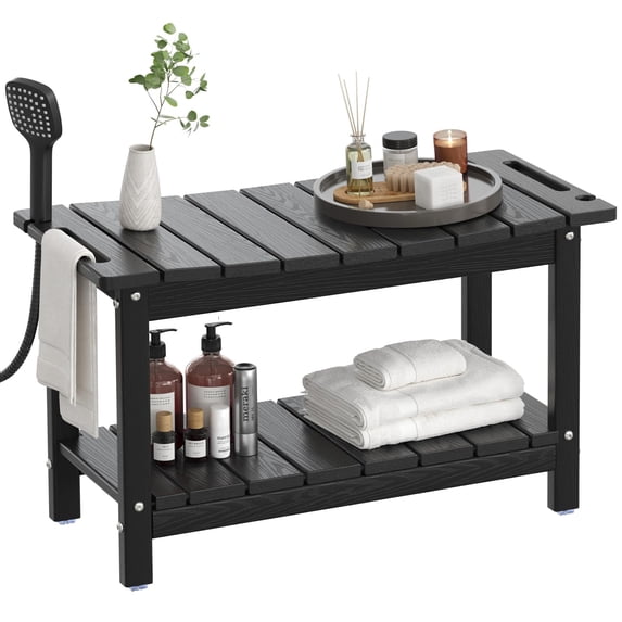 Nalone Shower Bench for Inside Shower, 24 Inch Poly Lumber Shower Stool, Heavy Duty Shower Seat for Seniors, Non Slip Shower Chair with Storage Shelf & Handles, Shower Step for Shaving Leg, Black