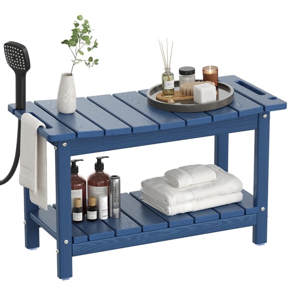 Nalone Shower Bench for Inside Shower, 24 Inch Poly Lumber Shower Stool, Heavy Duty Shower Seat for Seniors, Non Slip Shower Chair with Storage Shelf & Handles, Shower Step for Shaving Leg, Navy Blue