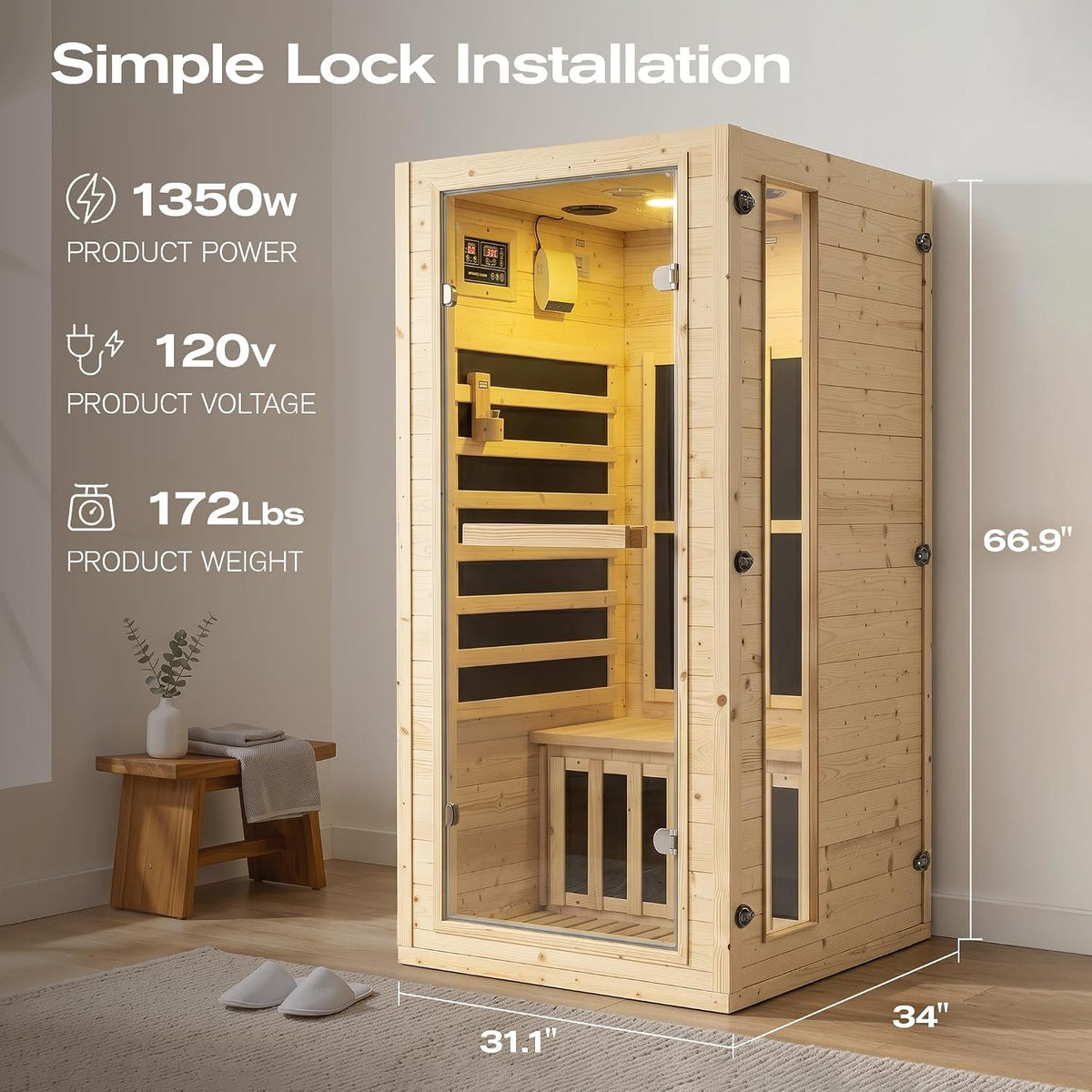 NALONE 1 Person Carbon Infrared Sauna, 1350W, Smart APP Control, 7-Color Chromotherapy, Bluetooth Speaker, Oxygen Ionizer, Finnish Spruce Indoor Home Spa Cabin