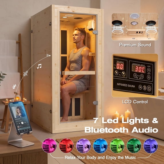 NALONE 1-Person Carbon Infrared Sauna, 1050W, Indoor Room Home Spa, Smart Wifi App Control, 7-Color Chromotherapy, Bluetooth Speaker