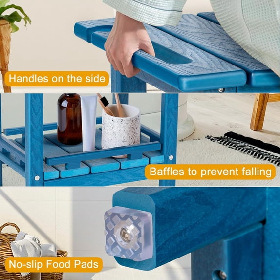 Nalone HDPE Shower Bench, Waterproof Shower Stool with Storage Shelf & Handles, Heavy Duty Shower Seat for Inside Shower, Shower Foot Rest for Shaving Legs, Indoor & Outdoor Bathroom Bench,Blue