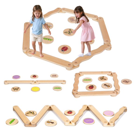 BRINJOY Wooden Balance Beam & Stepping Stones for Kids, 12 PCS Toddlers Gymnastics Toys Outdoor Obstacle Course Balance Board w/Storage Bag, Indoor Montessori Furniture for Nursery Playroom Gift