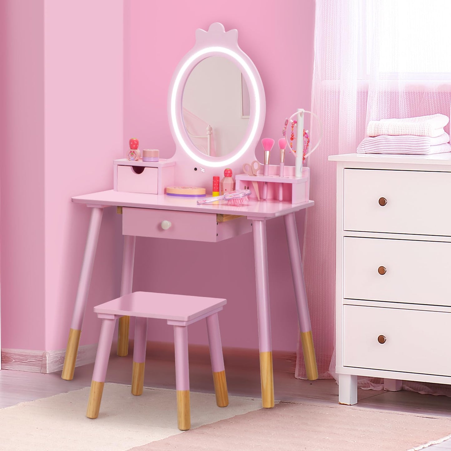 BRINJOY Kids Vanity Set with Mirror, Wooden Make Up Beauty Dressing Table with Lights & Stool & Jewelry Rack & Storage Board, Children Princess Vanity Table Pretend Playset for Girls