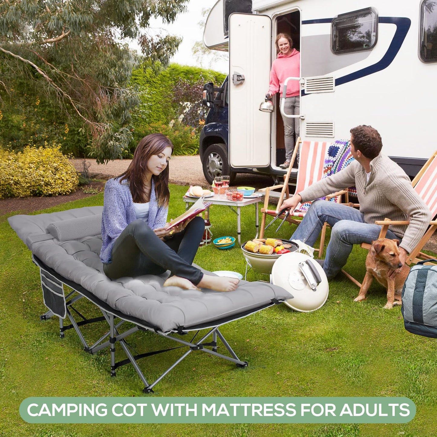Nalone 2Pcs Camping Cots for Adults with 3.5 Inch Extra Thick Mattress, Cots for Sleeping 900 LBS, Folding Cot with Mattress, Heavy Duty Sleeping Cots Camping Bed for Home Office Outdoor Gray
