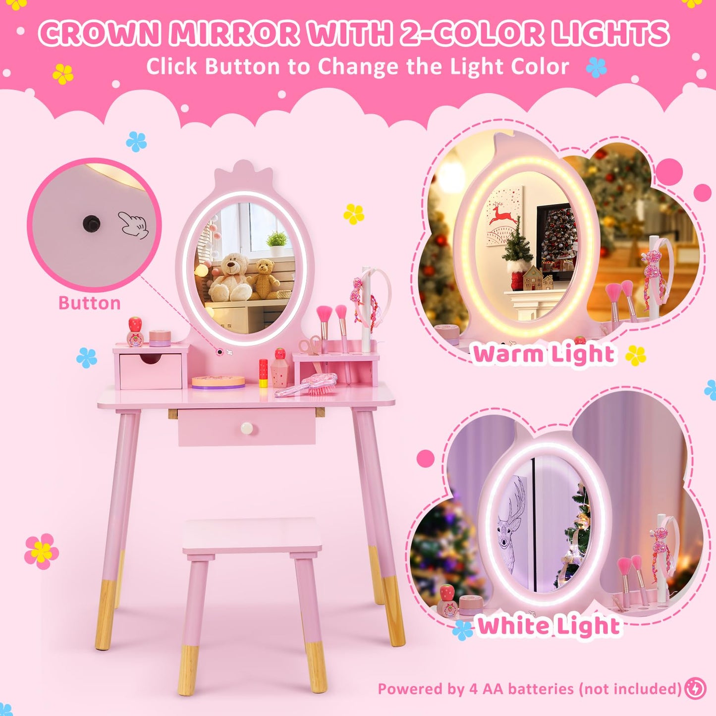 BRINJOY Kids Vanity Set with Mirror, Wooden Make Up Beauty Dressing Table with Lights & Stool & Jewelry Rack & Storage Board, Children Princess Vanity Table Pretend Playset for Girls