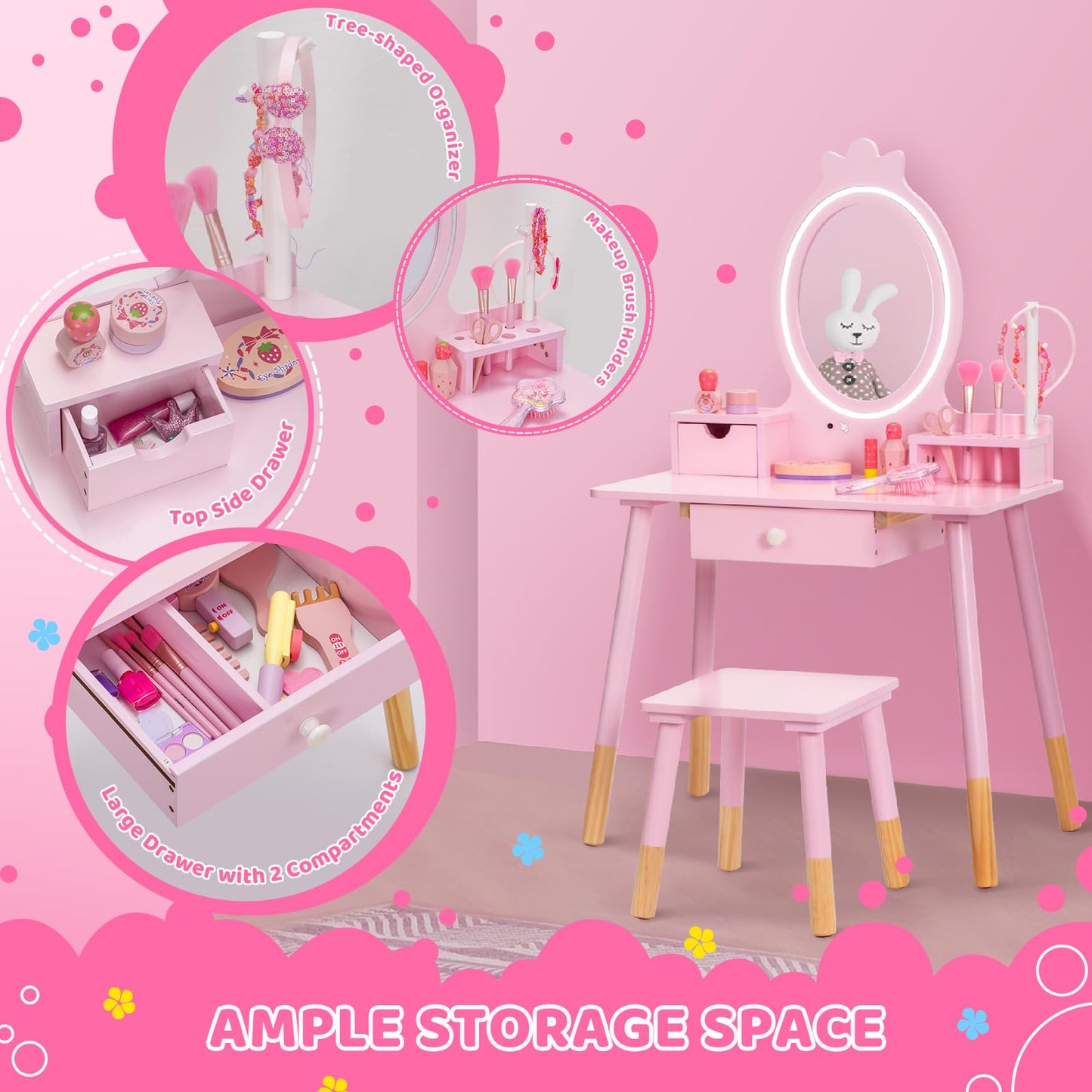 BRINJOY Kids Vanity Set with Mirror, Wooden Make Up Beauty Dressing Table with Lights & Stool & Jewelry Rack & Storage Board, Children Princess Vanity Table Pretend Playset for Girls