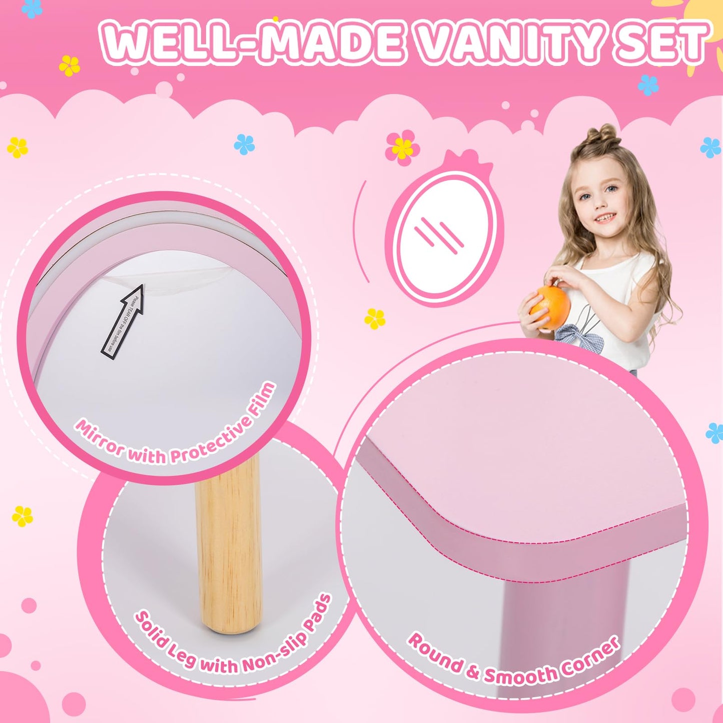 BRINJOY Kids Vanity Set with Mirror, Wooden Make Up Beauty Dressing Table with Lights & Stool & Jewelry Rack & Storage Board, Children Princess Vanity Table Pretend Playset for Girls