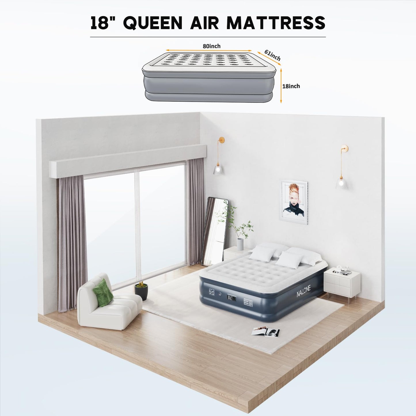 Nalone Queen Size Air Mattress 18-Inch with Built-in Pump Inflatable Air Bed , Puncture-Resistant, Quick Inflation/Deflation for Outdoor Camping Indoor 690lbs