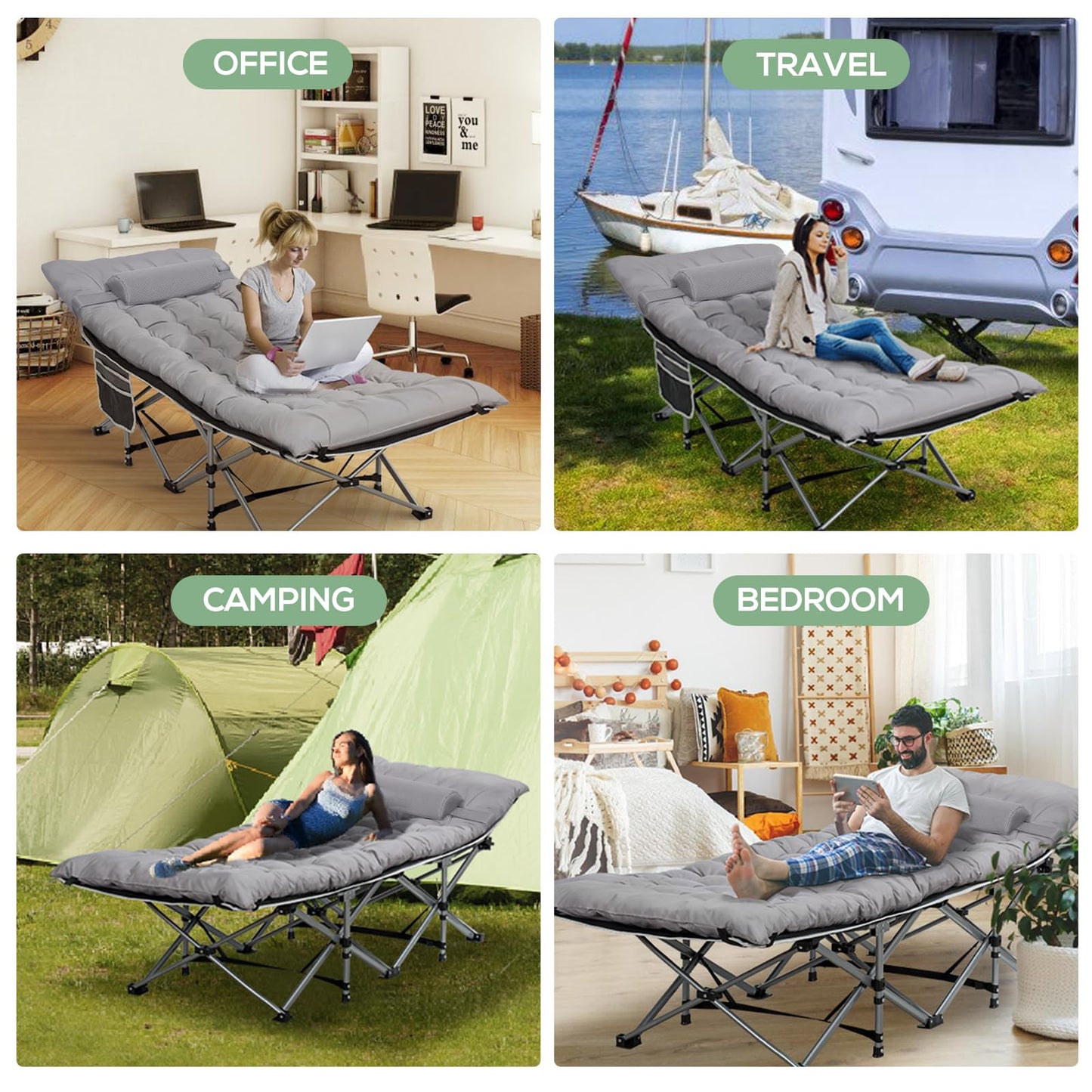 Nalone 2Pcs Camping Cots for Adults with 3.5 Inch Extra Thick Mattress, Cots for Sleeping 900 LBS, Folding Cot with Mattress, Heavy Duty Sleeping Cots Camping Bed for Home Office Outdoor Gray