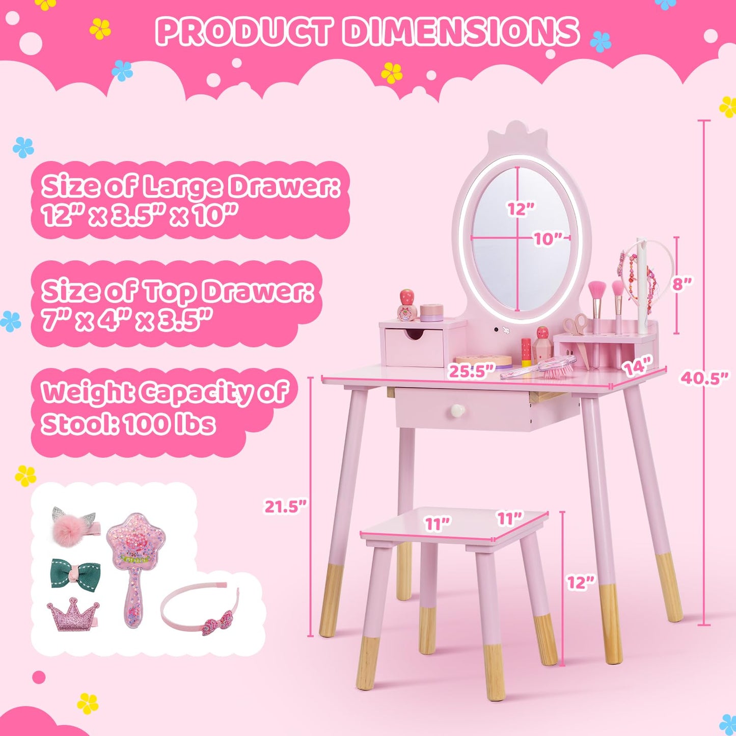 BRINJOY Kids Vanity Set with Mirror, Wooden Make Up Beauty Dressing Table with Lights & Stool & Jewelry Rack & Storage Board, Children Princess Vanity Table Pretend Playset for Girls