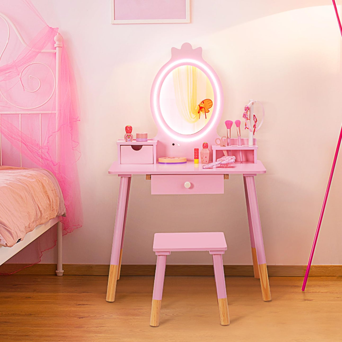 BRINJOY Kids Vanity Set with Mirror, Wooden Make Up Beauty Dressing Table with Lights & Stool & Jewelry Rack & Storage Board, Children Princess Vanity Table Pretend Playset for Girls