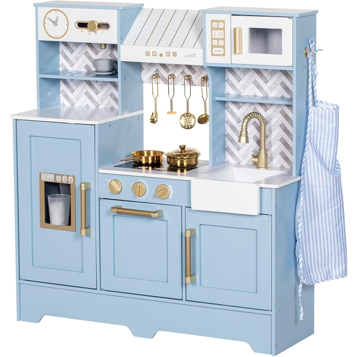 BRINJOY Wooden Play Kitchen for Toddlers, Kids Pretend Toy Kitchen Playset, Toddler Kitchen Set with Coffee Maker, Oven, Stove, Sink, Apron & Cookware, Play Kitchen for Kids Ages 3+, Blue