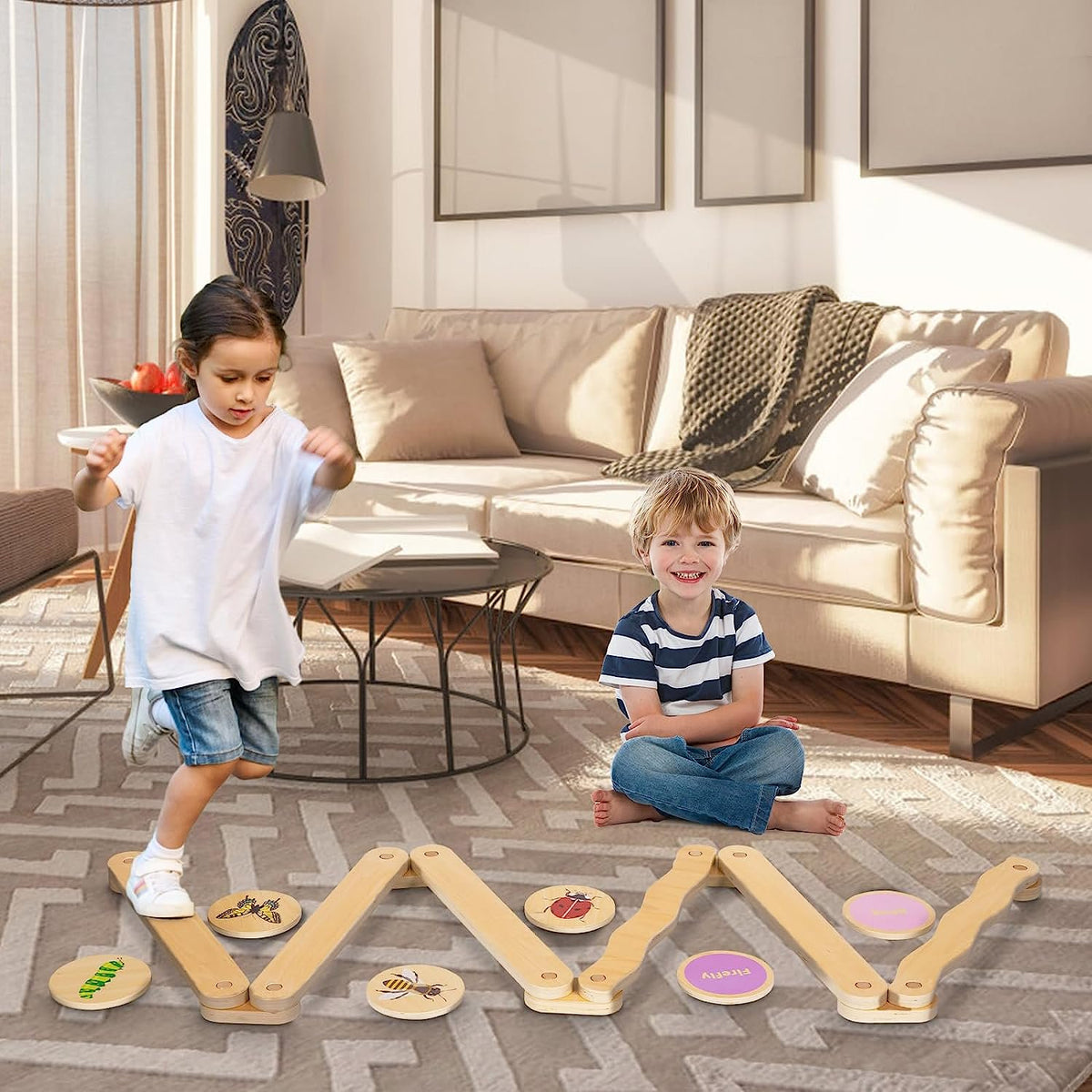 BRINJOY Wooden Balance Beam & Stepping Stones for Kids, 12 PCS Toddlers Gymnastics&nbsp;Toys Outdoor Obstacle Course Balance Board w/Storage Bag, Indoor Montessori Furniture for Nursery Playroom Gift
